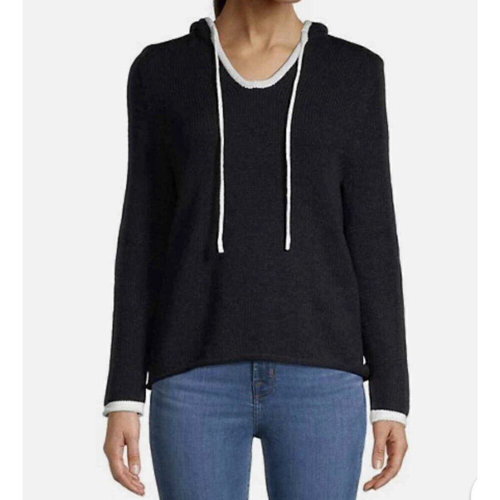 Joan Vass New York Black/White Pull Over Hoodie Sweater  Soft Size S